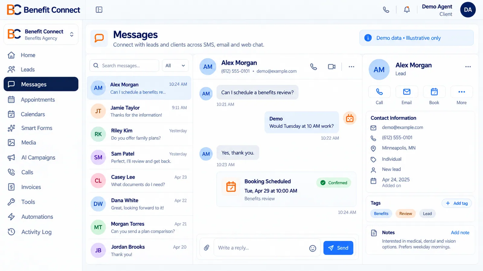 Texting inbox with threaded conversations